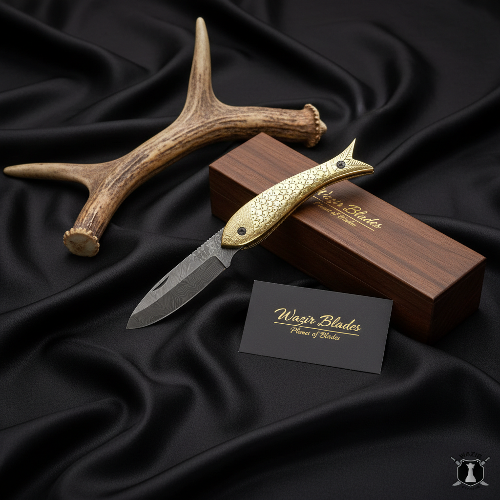 Handmade Damascus Steel Folding Knife Fish Knife with Brass Engraved Handle and Premium Leather Cover - Image 2