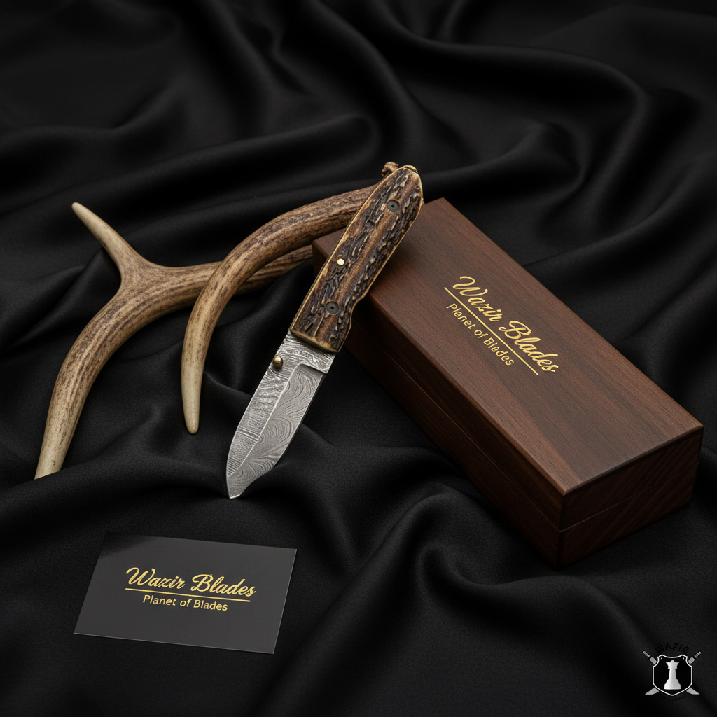 Damascus Steel Pocket Knife with Stag Horn Handle and Premium Leather Cover - Image 2