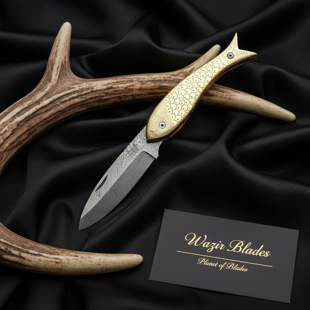 Handmade Damascus Steel Folding Knife Fish Knife with Brass Engraved Handle and Premium Leather Cover