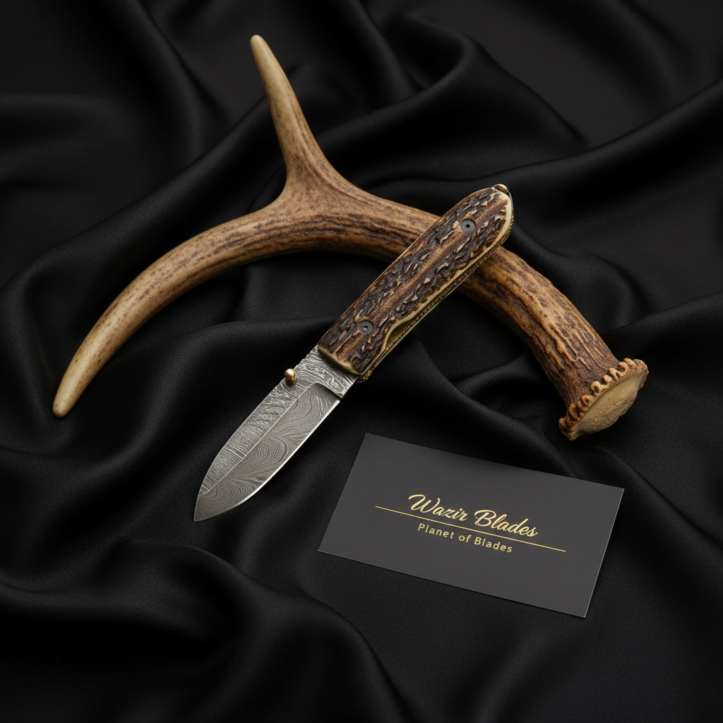 Damascus Steel Pocket Knife with Stag Horn Handle and Premium Leather Cover