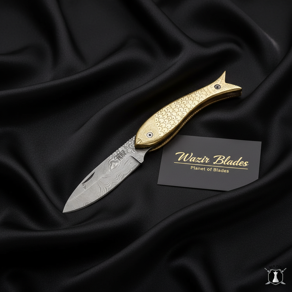 Handmade Damascus Steel Folding Knife Fish Knife with Brass Engraved Handle and Premium Leather Cover - Image 3
