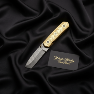 Handmade Damascus Pocket Knife with Brass Engraved Handle and Premium Leather Cover