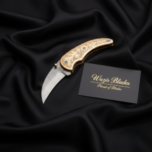 Handmade Damascus Pocket Knife Brass Engraved Handle with Leather Cover