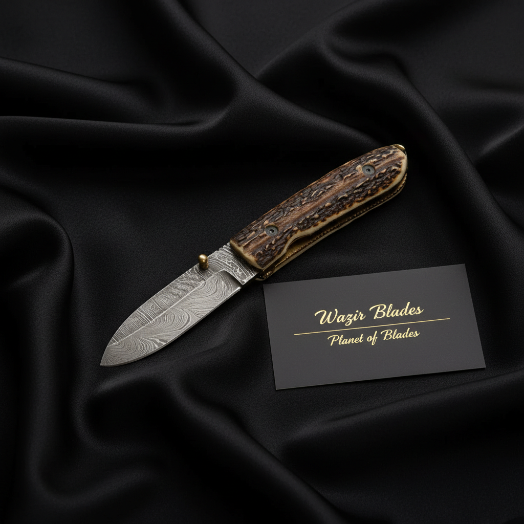 Damascus Steel Pocket Knife with Stag Horn Handle and Premium Leather Cover - Image 4
