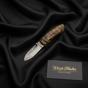 Damascus Folding Knife with Sheep Horn Handle and Premium Leather Sheath