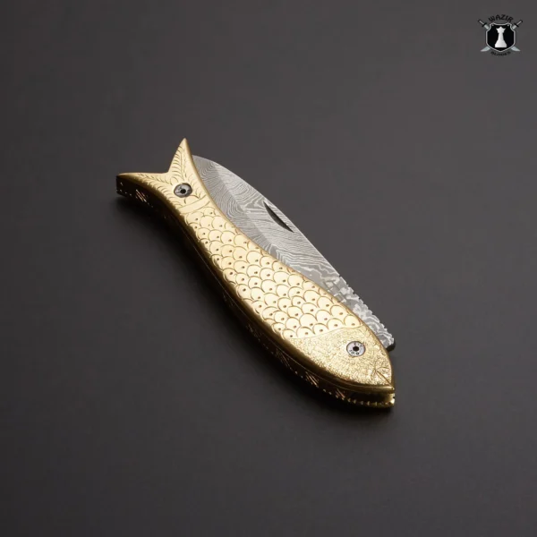 Handmade Damascus Steel Folding Knife Fish Knife with Brass Engraved Handle and Premium Leather Cover - Image 3