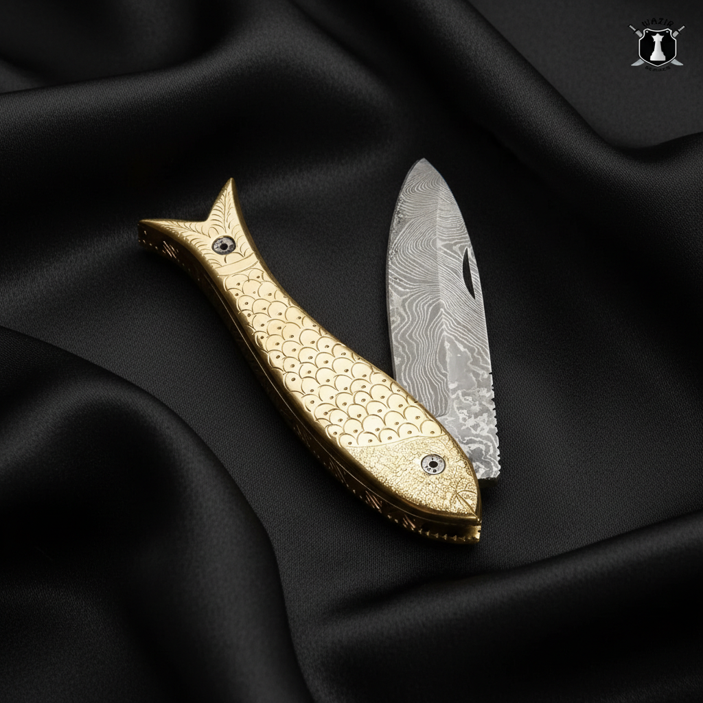 Handmade Damascus Steel Folding Knife Fish Knife with Brass Engraved Handle and Premium Leather Cover - Image 4