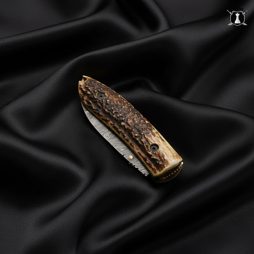 Damascus Steel Pocket Knife with Stag Horn Handle and Premium Leather Cover - Image 5