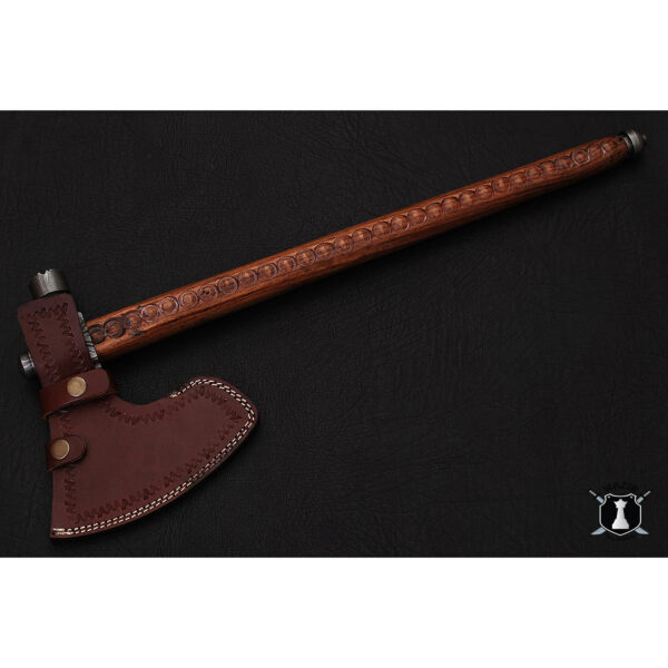 Handmade Damascus Steel Smoking Axe with Leather Sheath - Image 5