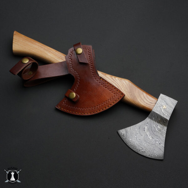 Handmade Damascus Steel Axe Olive Wood Handle with FREE Leather Sheath - Image 4