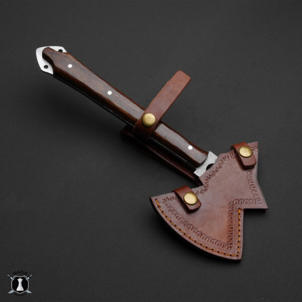 Custom Handmade Damascus Steel Axe with Rosewood Handle - With Leather Sheath Masterpiece for Outdoor Enthusiasts - Image 4