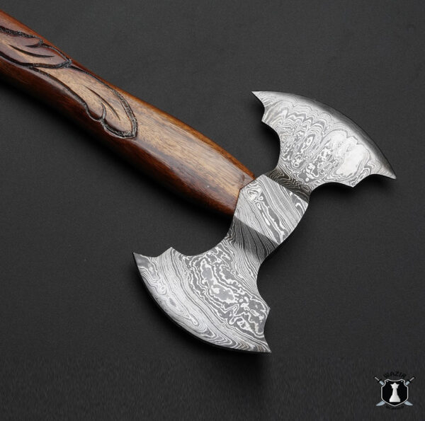 Double Edge Damascus Steel Viking Axe Beautiful Handle with Leather Sheath - Image 2