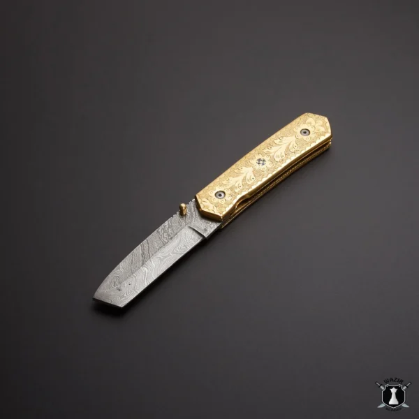 Handmade Damascus Pocket Knife with Brass Engraved Handle and Premium Leather Cover