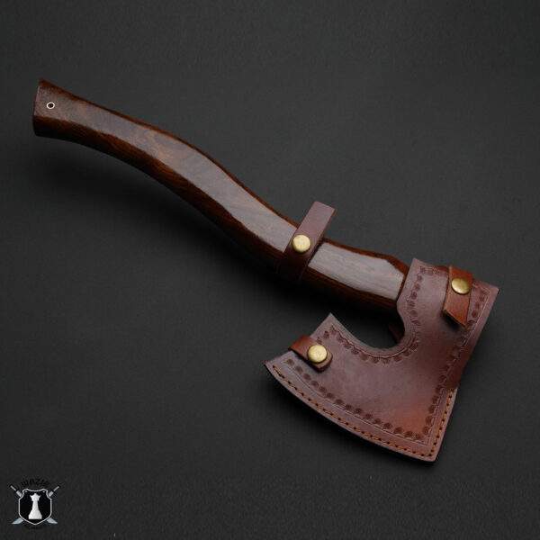 Handmade Damascus Axe with Rosewood Handle and Leather Sheath - Image 4