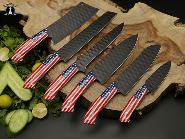 American Chef Knife Set of 6 Black Powder Coated with FREE Leather Sheath