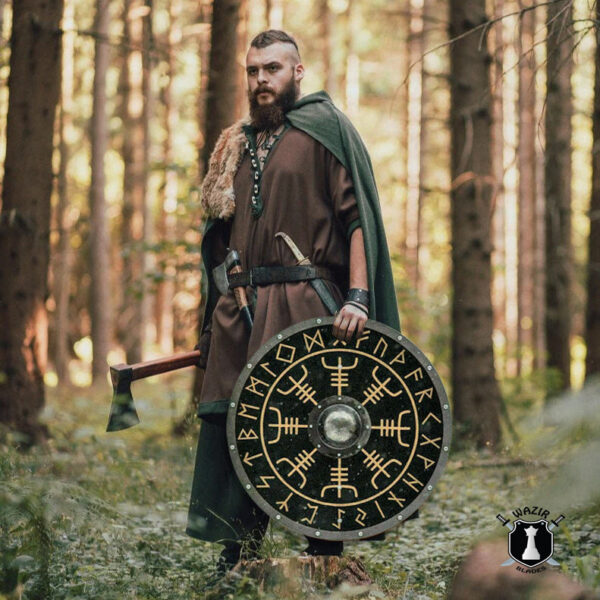 Smooth Wood & Steel Viking Shield with Helm of Awe Symbol - Image 5