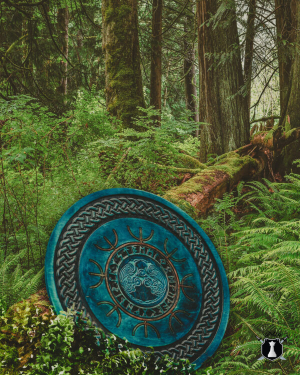 Viking Shield with Carved Odin's Raven Huginn and Muninn Symbols - Image 5