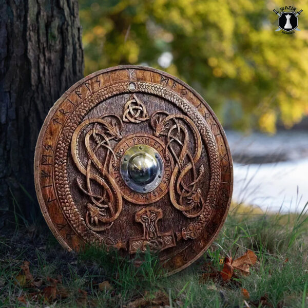 Carved Norse Runic Shield with J?rmungandr Ornaments, 24" Handmade Viking Shield - Image 2