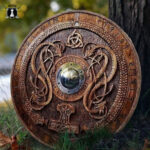 Carved Norse Runic Shield with J?rmungandr Ornaments, 24" Handmade Viking Shield
