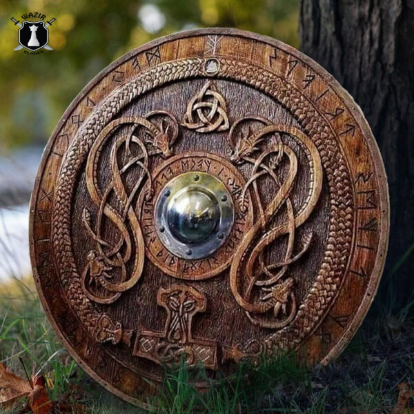 Carved Norse Runic Shield with J?rmungandr Ornaments, 24" Handmade Viking Shield