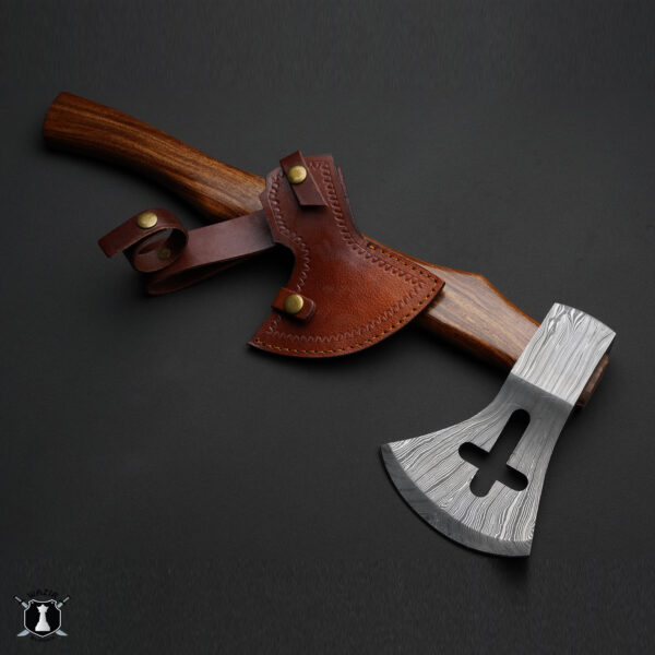 Handmade Damascus Steel Axe Rosewood Handle with FREE Leather Sheath - Image 4