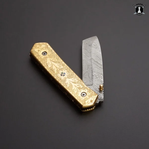 Handmade Damascus Pocket Knife with Brass Engraved Handle and Premium Leather Cover - Image 2