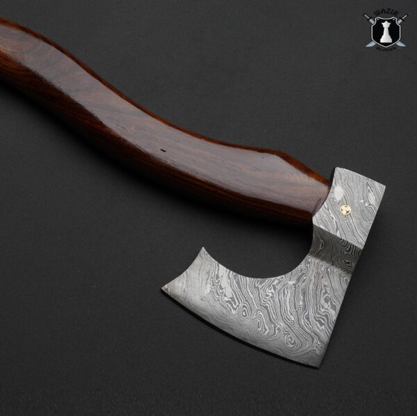 Handmade Damascus Axe with Rosewood Handle and Leather Sheath - Image 2