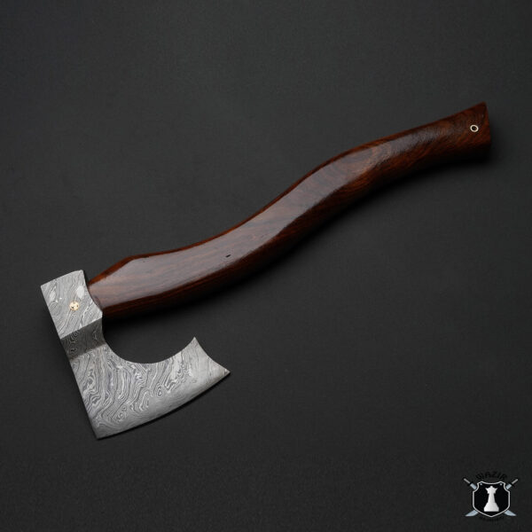 Handmade Damascus Axe with Rosewood Handle and Leather Sheath