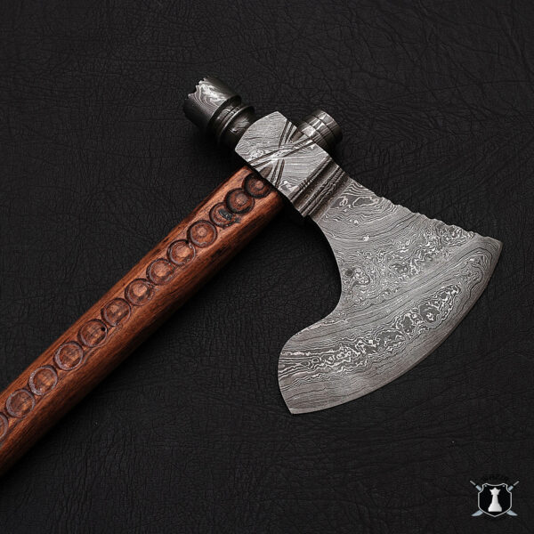 Handmade Damascus Steel Smoking Axe with Leather Sheath - Image 4