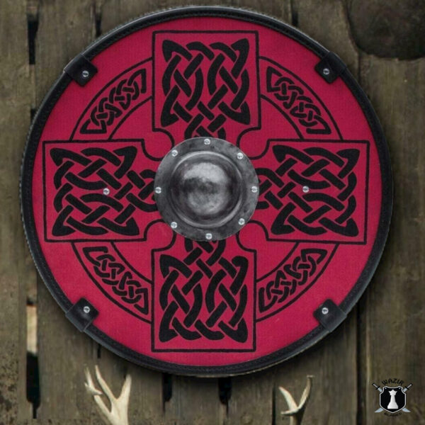 Viking Shield Smooth Red Medieval Shield with Celtic Sun Cross - Image 2