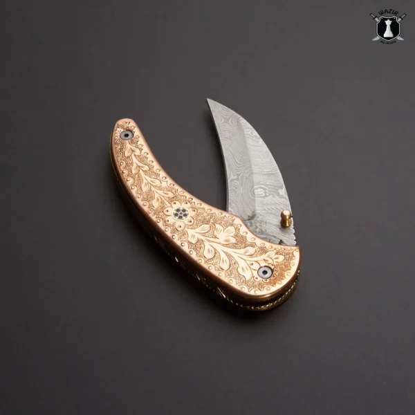 Handmade Damascus Pocket Knife Brass Engraved Handle with Leather Cover - Image 2