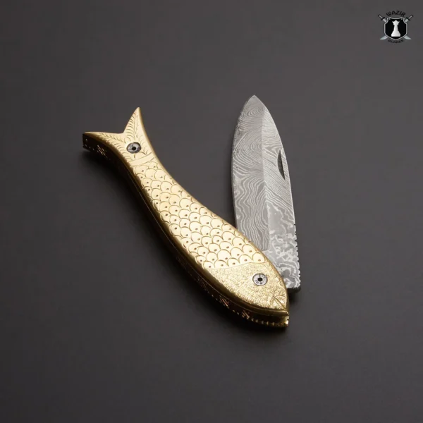 Handmade Damascus Steel Folding Knife Fish Knife with Brass Engraved Handle and Premium Leather Cover - Image 2