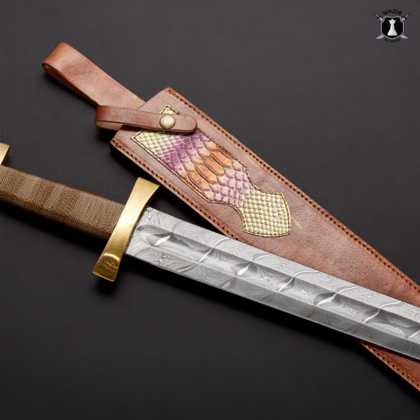 Custom Handmade Damascus Viking Sword with Leather Sheath - Image 2