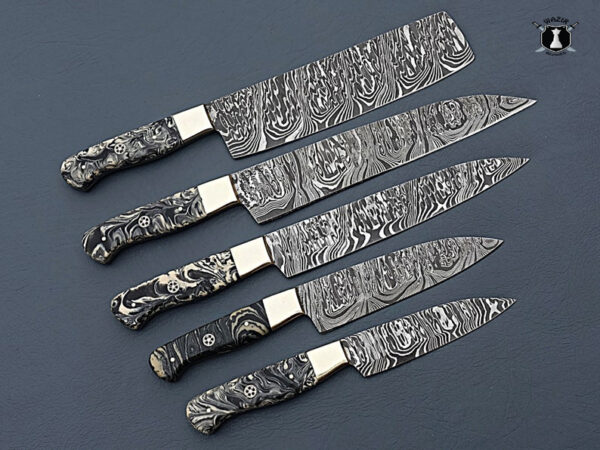 Custom Handmade Damascus Steel Chef Set Handle material Black & White Resin and Brass clips With Free Leather Sheath - Image 4