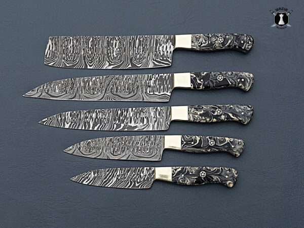 Custom Handmade Damascus Steel Chef Set Handle material Black & White Resin and Brass clips With Free Leather Sheath