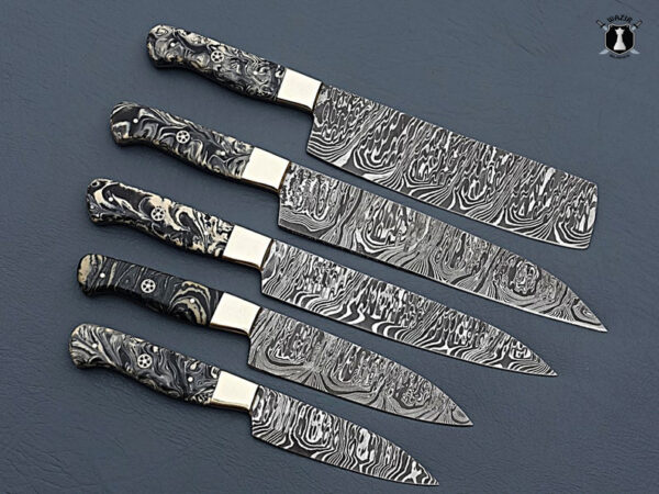 Custom Handmade Damascus Steel Chef Set Handle material Black & White Resin and Brass clips With Free Leather Sheath - Image 3