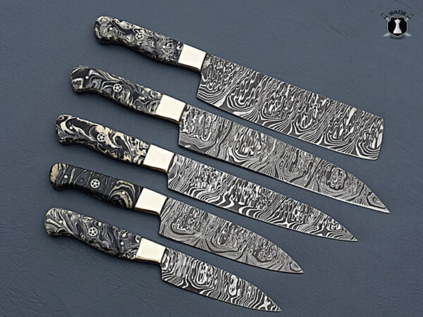 Custom Handmade Damascus Steel Chef Set Handle material Black & White Resin and Brass clips With Free Leather Sheath - Image 2