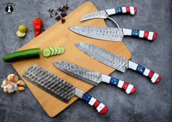 American Chef Knives Set of 5 Handmade Damascus Steel Blade Flag Handle Design with Leather Sheath - Image 2