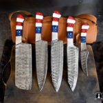 American Chef Knives Set of 5 Handmade Damascus Steel Blade Flag Handle Design with Leather Sheath