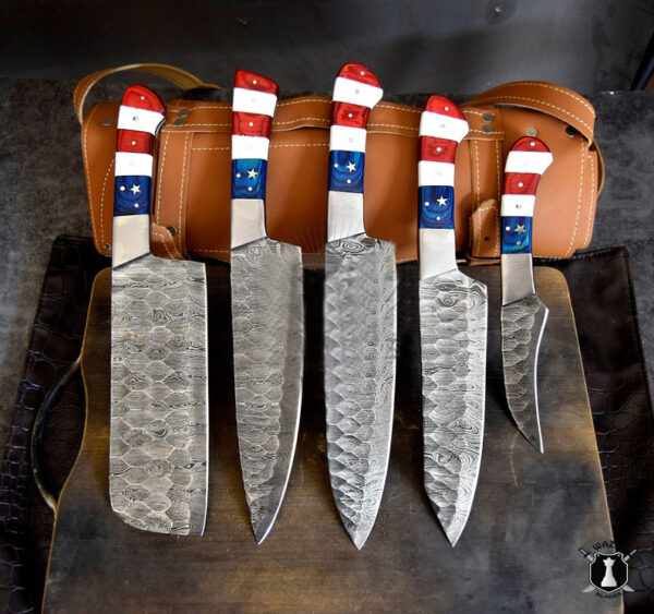 American Chef Knives Set of 5 Handmade Damascus Steel Blade Flag Handle Design with Leather Sheath