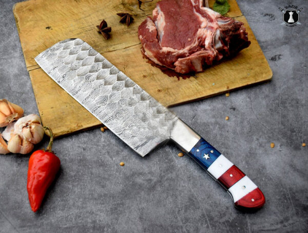 American Chef Knives Set of 5 Handmade Damascus Steel Blade Flag Handle Design with Leather Sheath - Image 3