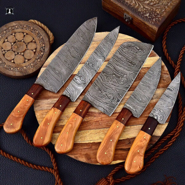 Custom Handmade Damascus Steel Chef Set Rose Wood Handle With Free Leather Sheath