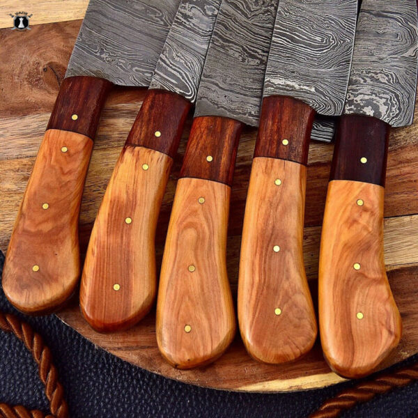 Custom Handmade Damascus Steel Chef Set Rose Wood Handle With Free Leather Sheath - Image 2