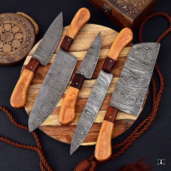 Custom Handmade Damascus Steel Chef Set Rose Wood Handle With Free Leather Sheath - Image 3