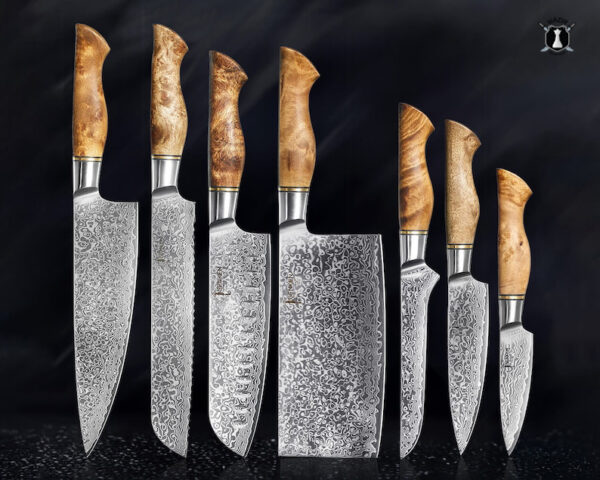 Custom Handmade Damascus Steel Chef Set Sycamore Wood Handle With Free Leather Sheath - Image 4