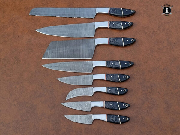 Custom Handmade Chef Set Kitchen Set Damascus Steel Blade Pakka Wood Steel Bolster