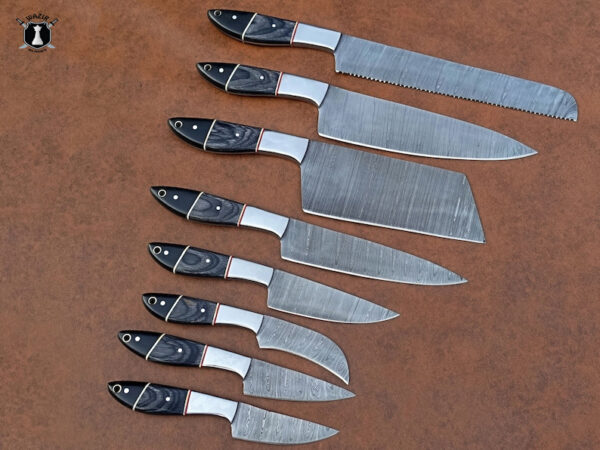 Custom Handmade Chef Set Kitchen Set Damascus Steel Blade Pakka Wood Steel Bolster - Image 2