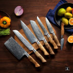 Custom Handmade Damascus Steel Chef Set Sycamore Wood Handle With Free Leather Sheath