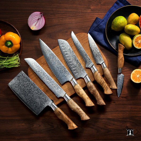 Custom Handmade Damascus Steel Chef Set Sycamore Wood Handle With Free Leather Sheath