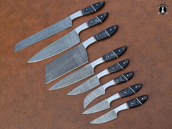 Custom Handmade Chef Set Kitchen Set Damascus Steel Blade Pakka Wood Steel Bolster - Image 3